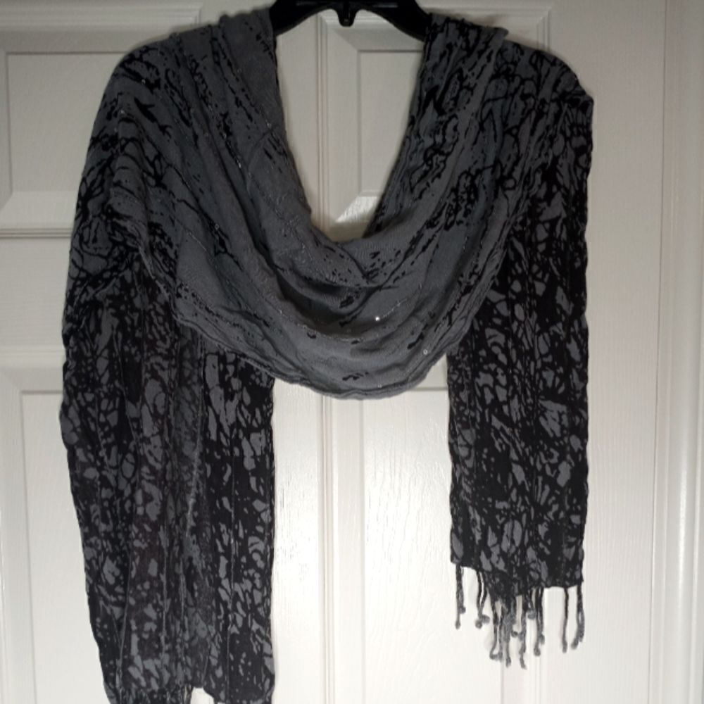 Cejon ColorBlock Gray Black Metalic Dots Fringe Rayon Women's Scarf 17"×34"
